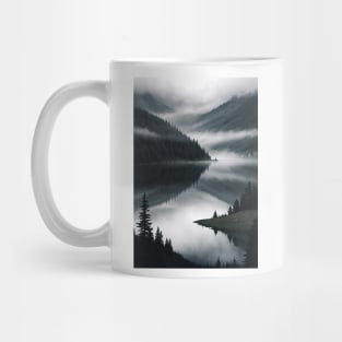 Island jutting out in a misty forest lake Mug